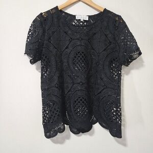 Madison Square Black‎ Crochet Lace Short Sleeve Blouse Scalloped Hem Top Size M